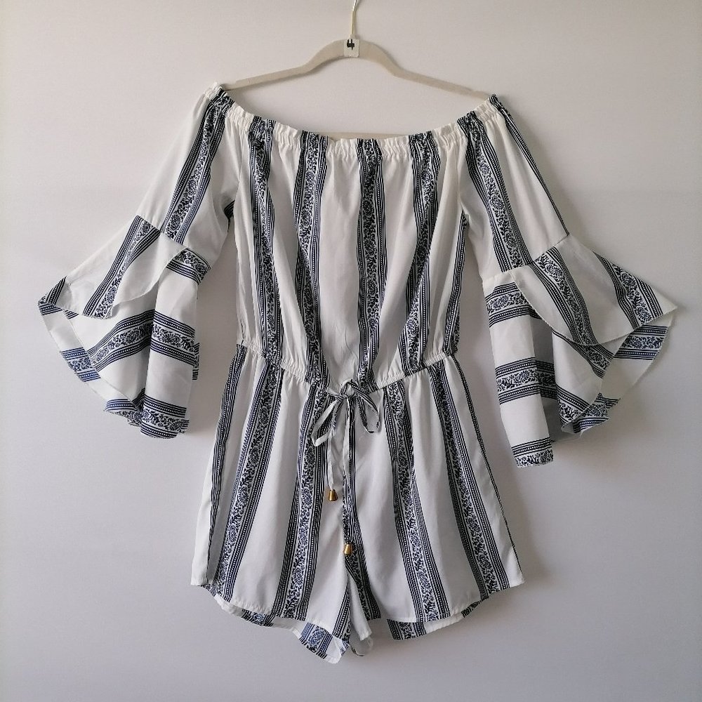 Blush Womens White Ruffle Bell Sleeve Off The Shoulder Romper Size M